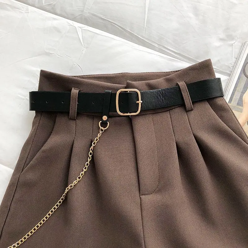 2021 New Casual Comfortable Elegant Wild Shorts With Belt Women\'s Woolen Shorts Autumn Winter Slim Wide Leg A-line Shorts