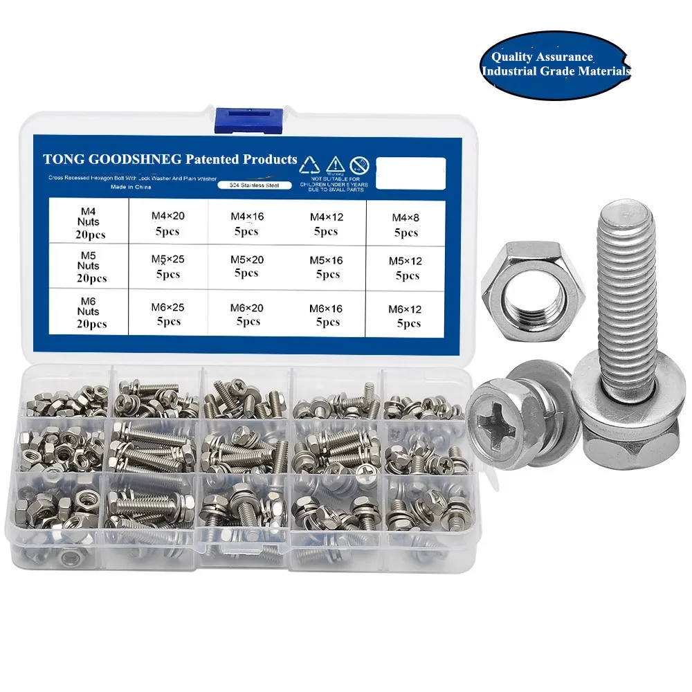 

304Stainless Steel Combination Thread Cross Recessed Phillips Hex Head Screw Nut Washer Three Sems Screw Set ,Household Hardware