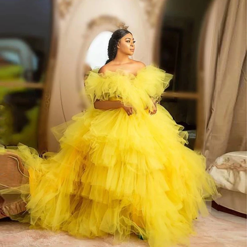 Elegant Illusion Ball Gown Formal Dress Puffy Tiered Tulle Yellow Prom Party Dresses Off the Shoulder Ruffles Chic Evening Gown