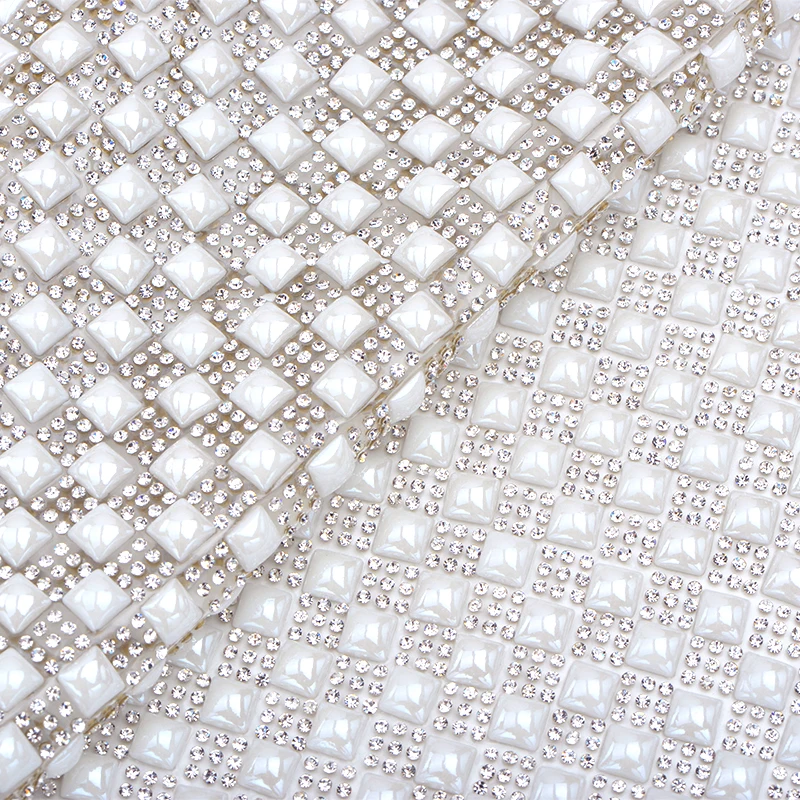 JUNAO 24*40cm Hotfix White Pearl Rhinestone Mesh Trim Glass Crystal Fabric Sheet Pearl Applique Strass Band Garment Shoes Diy