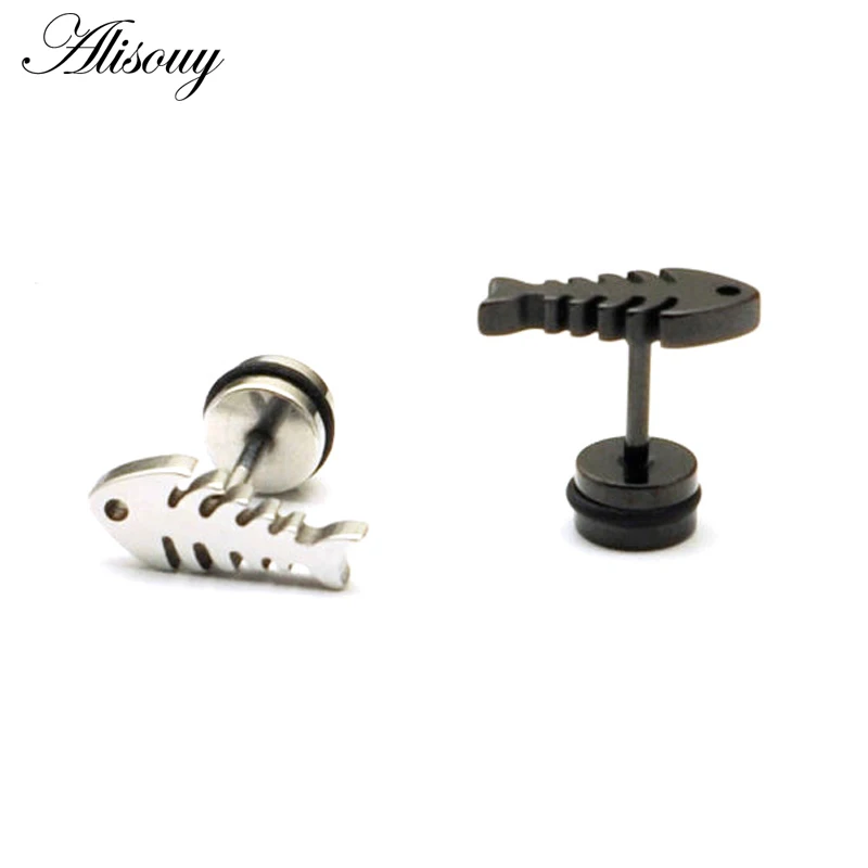 Fish bones Not fade white black Stainless steel Punk Hiphop Men Screw Back (pierced) stud earrings