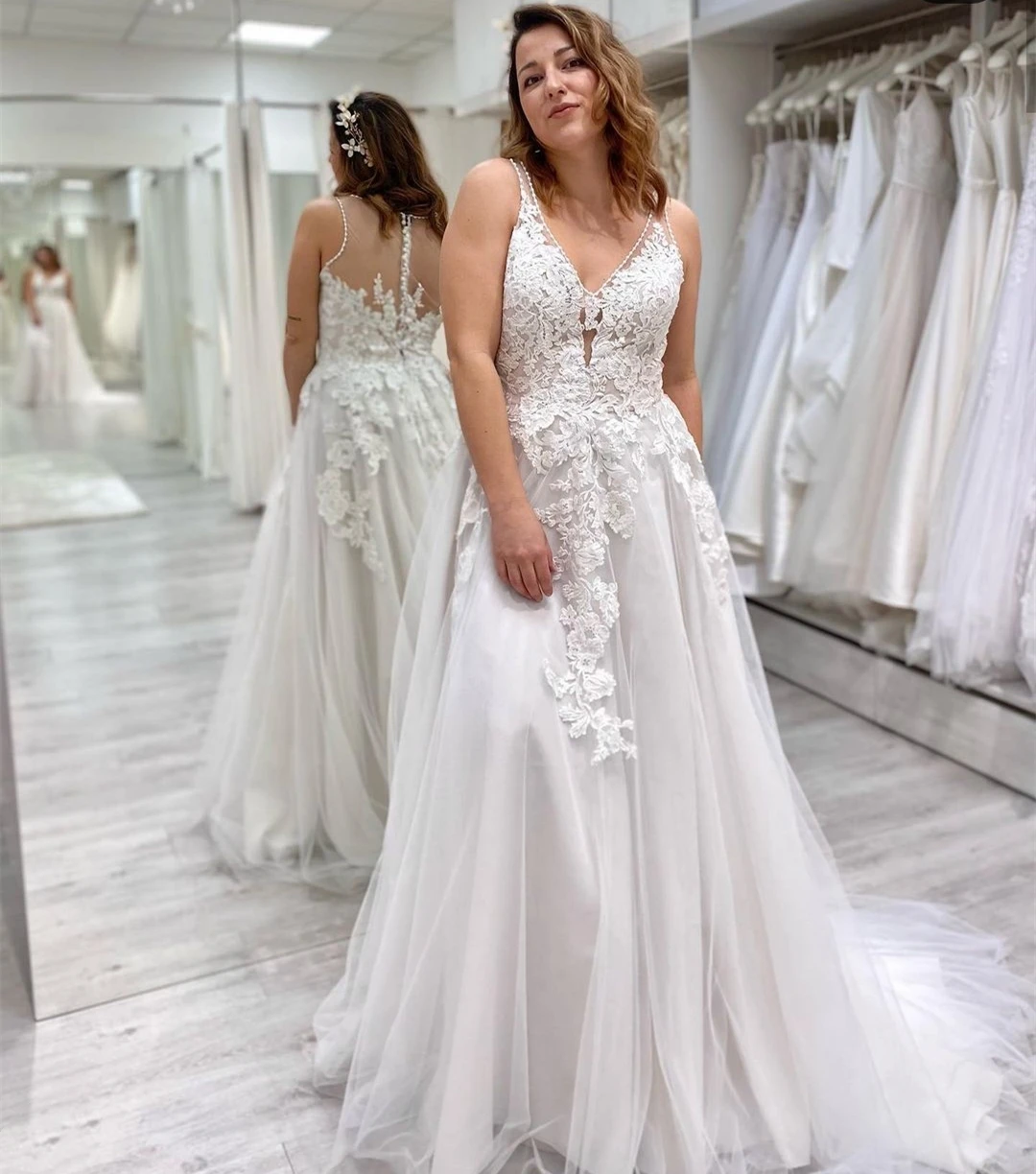 FOLOBE Elegant Wedding Dresses V-Neck Sleeveless A-Line Lace Appliques Rustic Civil For Women Charming Backless Robe De Mariee