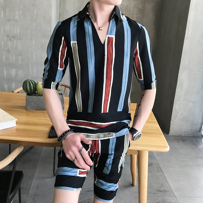 stripe 2pcs Fashion set shirt and shorts pullover summer shirt men and short Casual Erkek Giyim Slim Fit Social Club Outfits