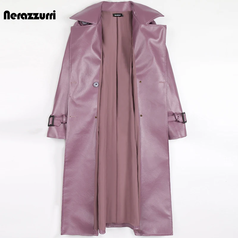 Nerazzurri Autumn Purple Black Long Leather Trench Coat for Women 2022 Long Sleeve Belt Double Breasted Elegant Fashion 6xl 7xl