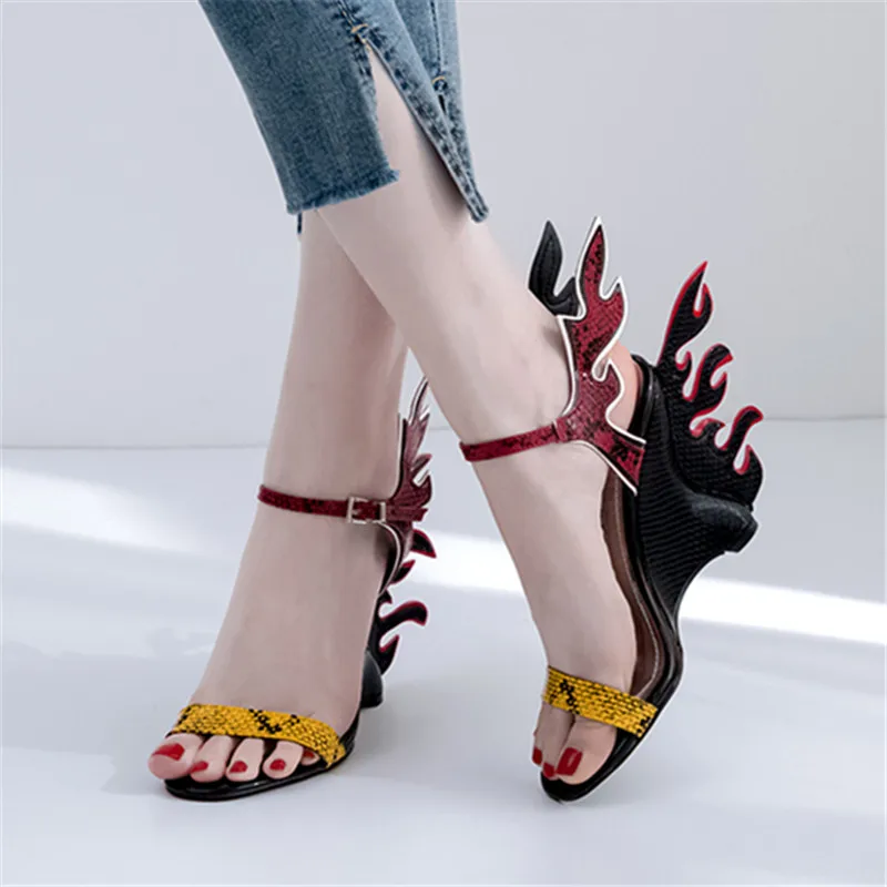 Fire Design Colorful Women Sandals Ankle Strap Wedge Shoes Ladies 10CM High Heel Sandalias Mujer Designer Wedges Dress Pumps