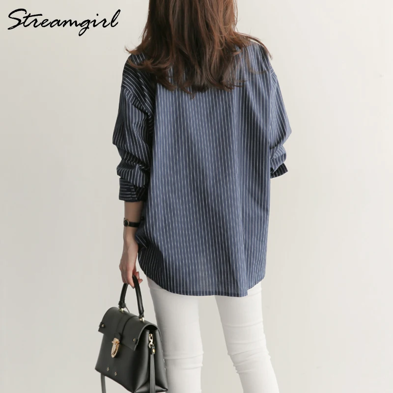 Streamgirl White Striped Shirt For Women 2021 Feminine Blouse Spring Fashion Stripe Office Button Up Shirt Women Long Sleeve