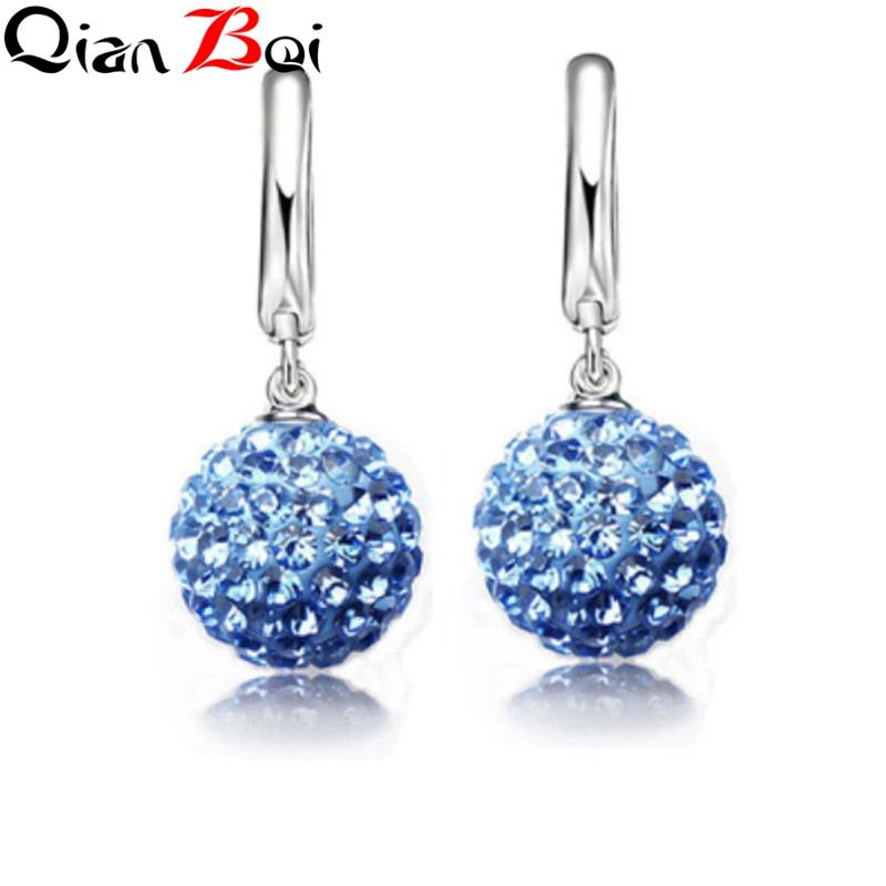 QianBei Hot Sale Multi Color 1 Pair Real Pure 925 Sterling Silver Austrian Pave Disco Ball Hoop Lever Back Earring Woman Jewelry