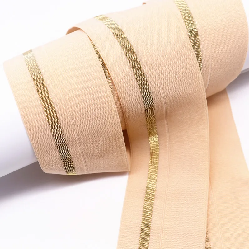 Gold Stripe 4cm Fold Over Elastic Band Nylon Webbing Waist Band 40mm Rubber Band for Sewing Garment Handmade Decorative