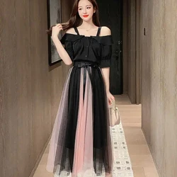 Casual Plus Size Tulle Skirt Women+short Sleeve Buttoned Shirt Two-piece Suit Fashion Long Pleated Mesh Skirts New A-line Skirt