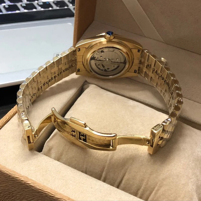 Parnis 36Mm Gecanneleerd Mechanisch Horloge Heren Geel Goud Vintage Stalen Polshorloge Miyota Beweging Reloj Hombre Zakelijke Klok