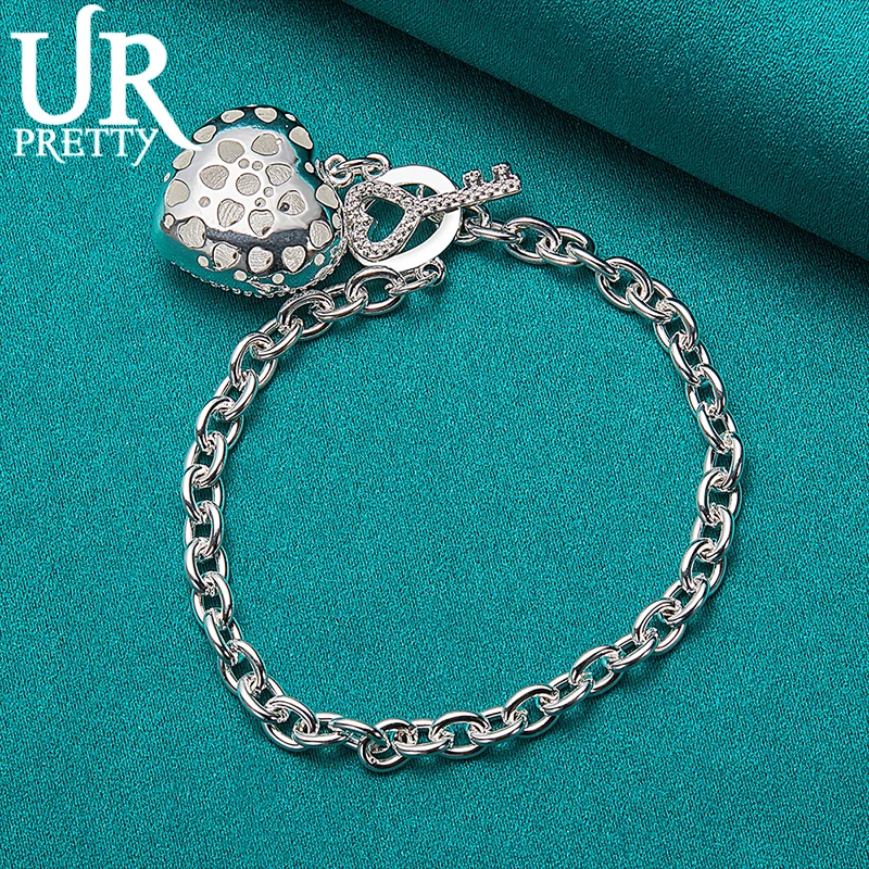 

URPRETTY 925 Sterling Silver Solid Love Heart Chain Bracelet For Women Wedding Engagement Charm Party Jewelry