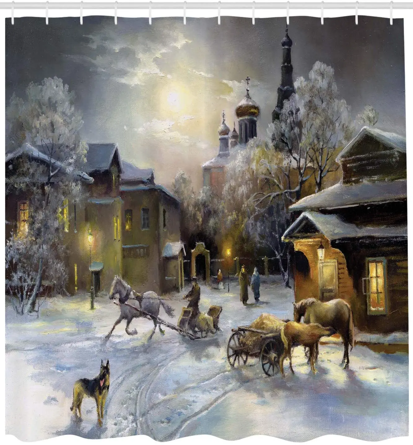 Country Shower Curtain Winter Landscape of a Western Town at Night in New World Rurals in Retro Style Art Bathroom Decor Set