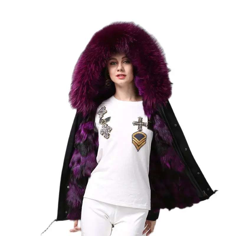 

Mhnkro Purple Color Luxury Winter Black Furs Coat Women Raccoon Furs Collar MR MRS Family Wear With Fox Fur Lined Jacket