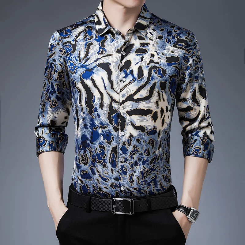 New 2020 Male Leopard Silk Shirts Long Sleeve Man Fashion Printing Silk Clothes Casual Satin Silk Dress Shirts Free Shipping