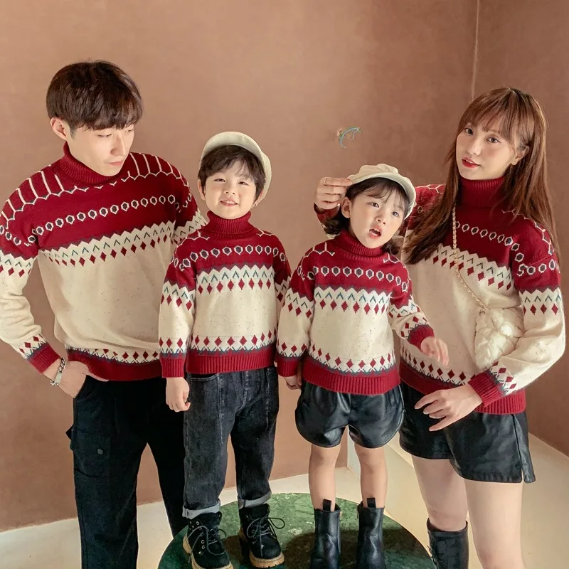 Christmas Vintage Style Ugly Turtleneck Sweater for Family Winter Warm Parent-Child Outfit Preppy Style Knitted Jumper Thick