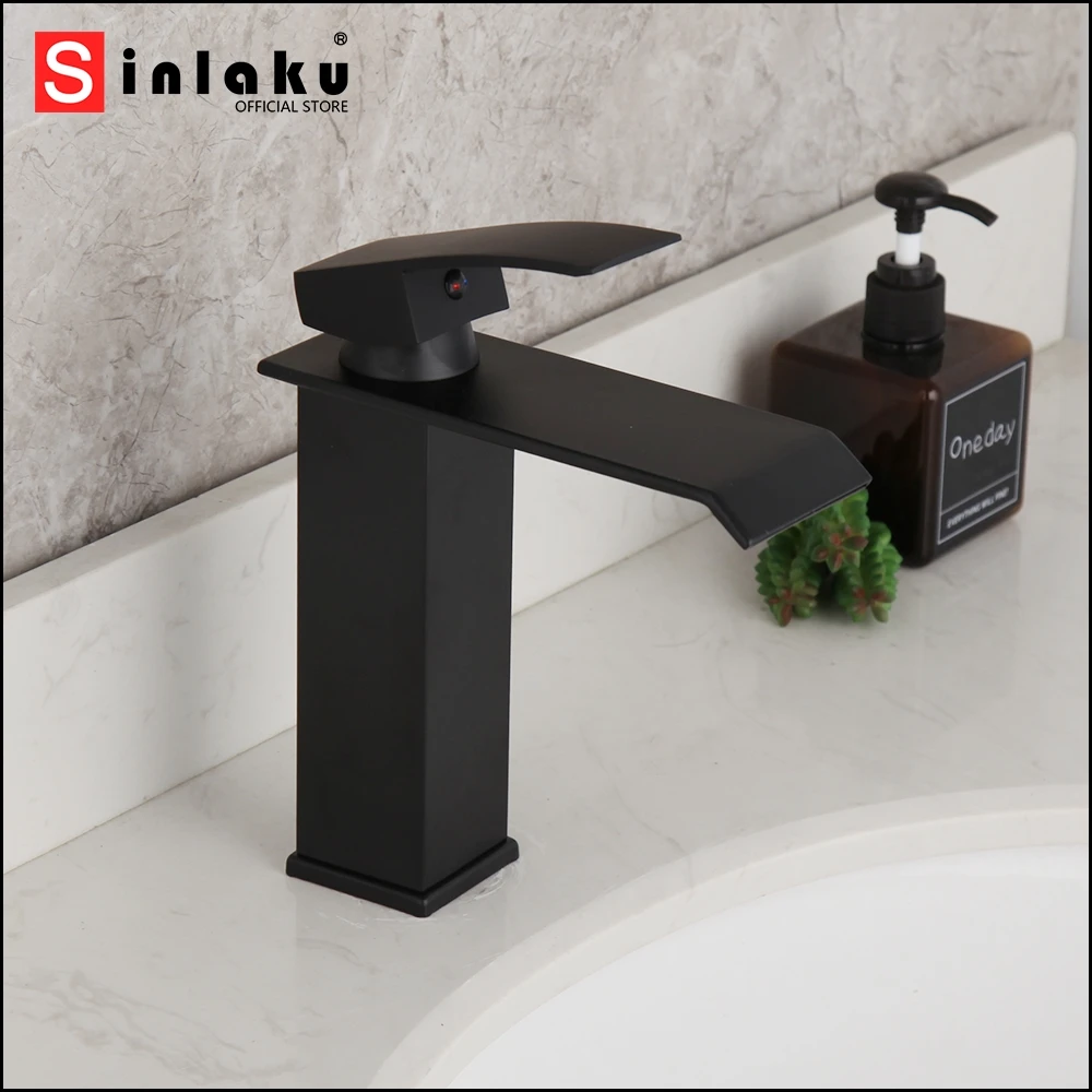 

Matte Black Bathroom Basin Faucet Stainless Steel Wash Basin Sink Mixer Tap Waterfall Spout Deck Mounted Hot & Cold Mixer Faucet