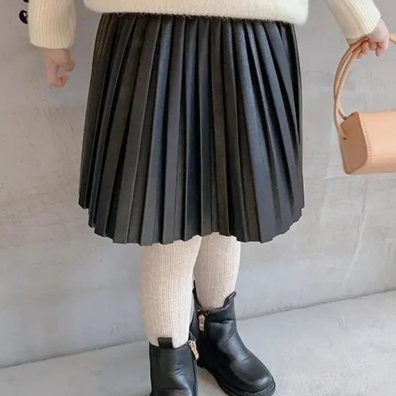 Fashion Baby Girl PU Leather Pleated Skirt Infant Toddler Child Spring Autumn Winter Faux Leather Skirt Baby Short Clothes 2-10Y