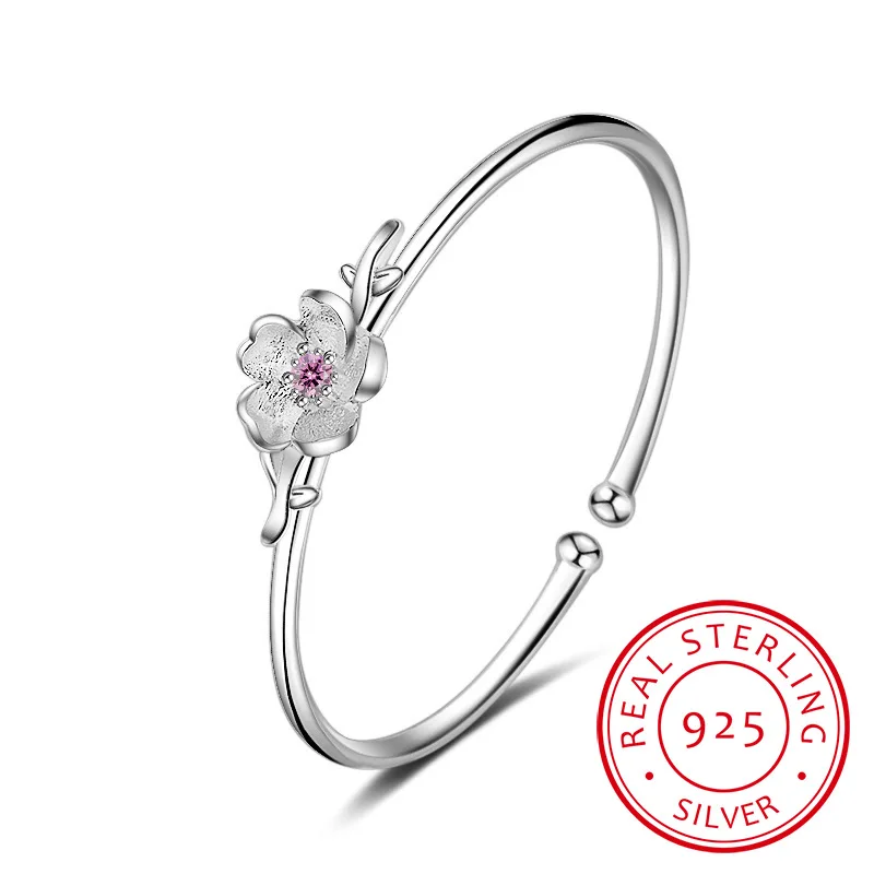 925 Sterling Silver Plum Flower Open Bracelets & Bangles High Quality Elegant Lady Sterling-silver-jewelry Pulseira Feminina