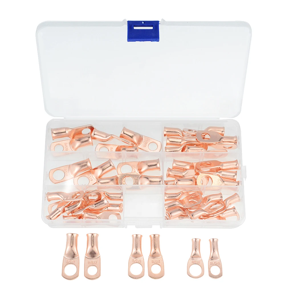 

48PCS/BOX AWG Assortment Car Copper Ring Terminal Wire Crimp Connector For Bare Cable Battery Terminals Soldered Connectors Kit