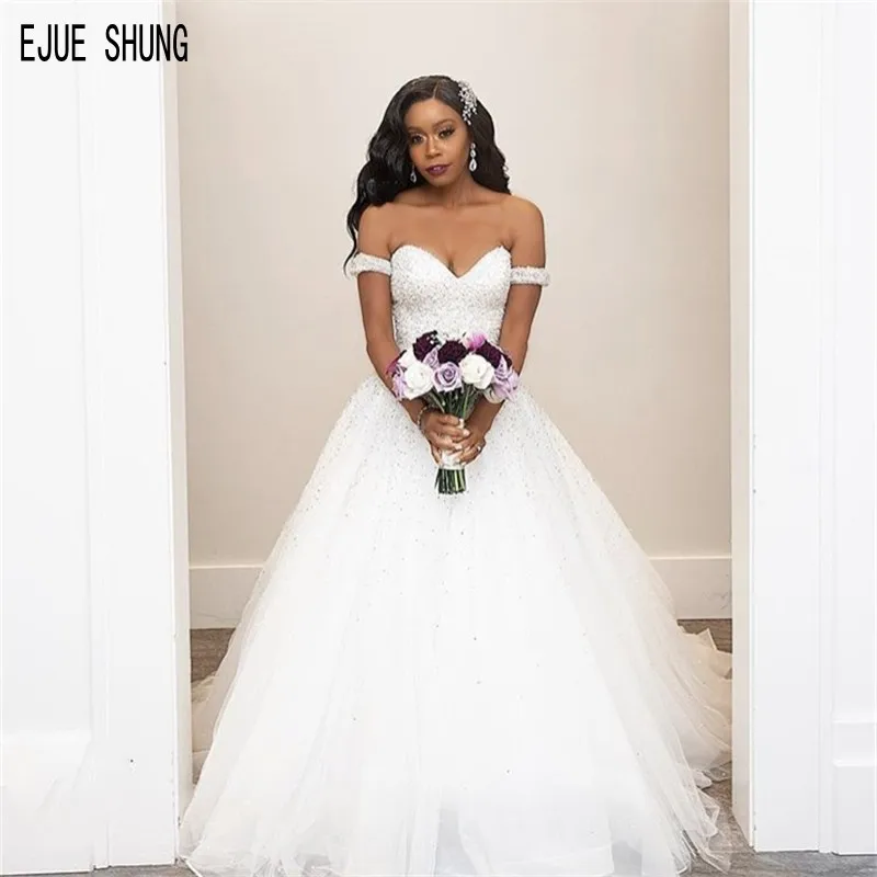 

EJUE SHUNG Luxury White Wedding Dresses Off The Shoulder Beads 2020 A Line African Wedding Gowns Bride Dresses robe de mariee