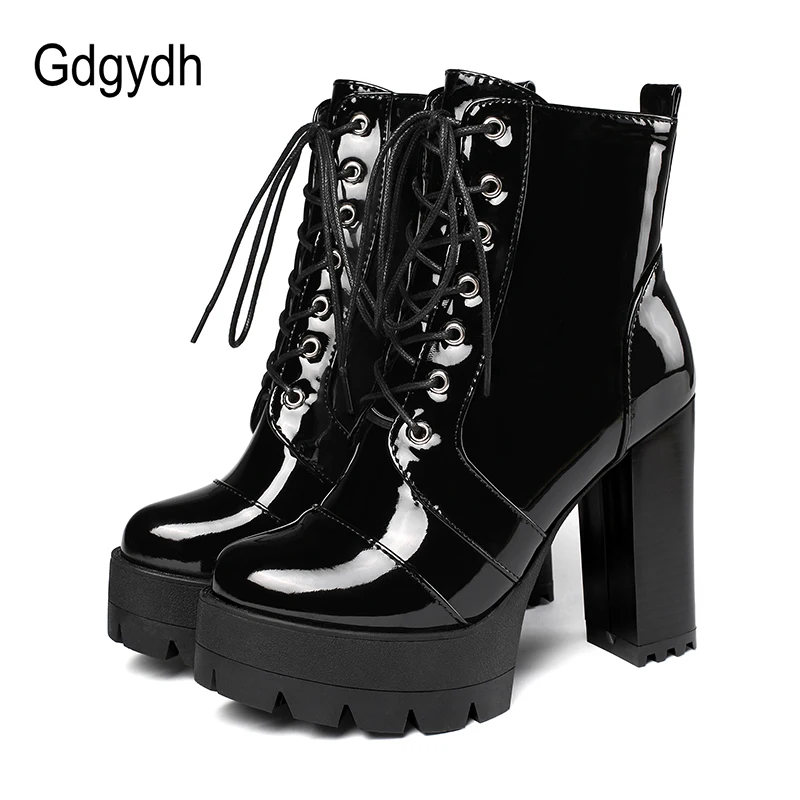 

Gdgydh 2021 Thick High Heeled Female Patent Leather Ankle Boots Round Toe Lace-up Zipper Women Short Boots Gothic Women Shoes