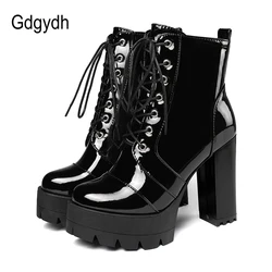 Gdgydh 2021 Dicken Hochhackigen Weibliche Patent Leder Stiefeletten Runde Kappe Lace-up Zipper Frauen Kurze Stiefel Gothic frauen Schuhe