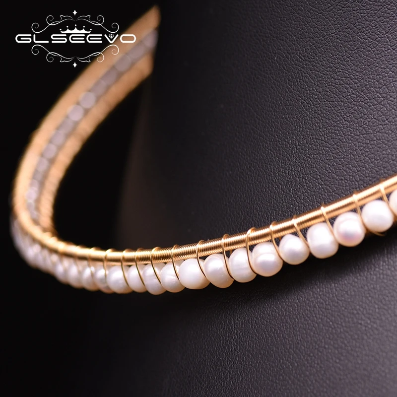 GLSEEVO Original Design Handmade Nautral Fresh Water Pearl Double Layer Choker Necklace For Women Wedding Fine Jewellery GN0176