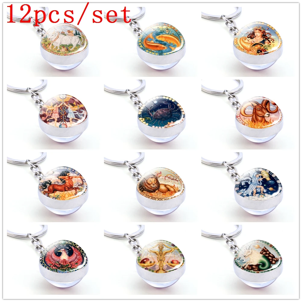 12 Pcs/set Constellation Set Keychain Zodiac Signs Keyrings Double Side Glass Ball Key Chain for Women Men Party Vacation Gifts