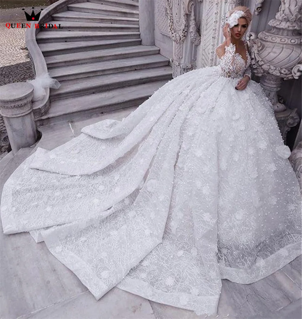 Luxury Arabic Princess Wedding Dresses Long Sleeve Tulle Lace 3D Flowers Crystal Beaded Pearls Bridal Gown Custom Made JT08M