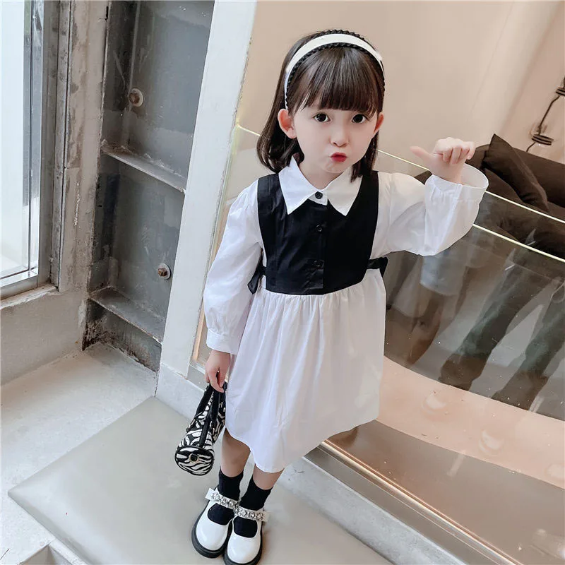 Girls dress 2021 spring and autumn baby girl bow stitching Dress