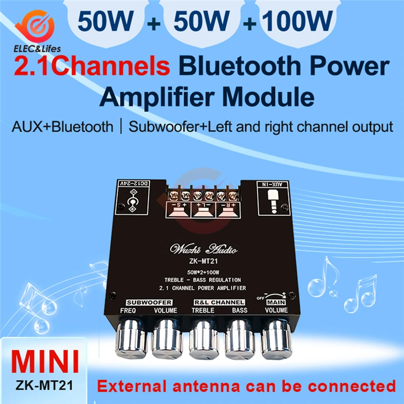 DC 12V-24V MT21 2.1 Channel Bluetooth 5.0 Subwoofer Amplifier Board 50WX2+100W Power Audio Stereo Amplifier Board Bass AMP AUX