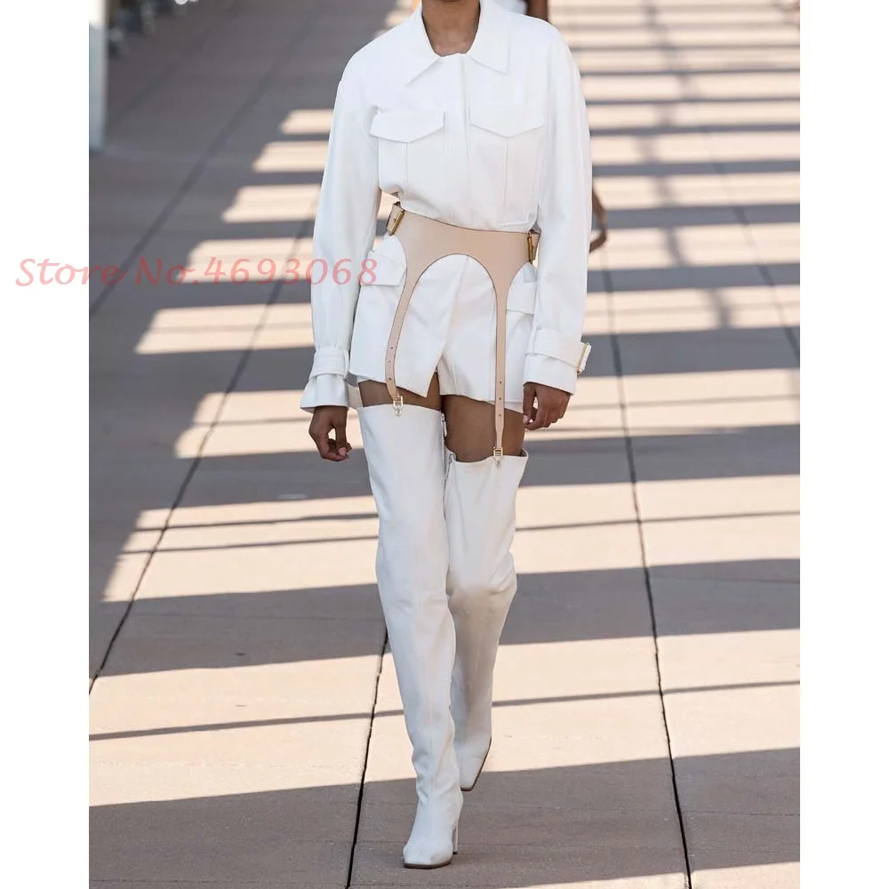 

White Metal Belt Buckle Thigh High Boots Long Square Toe Funky High Chunky Heels Women Slip On Modern Fashion Boots Winter