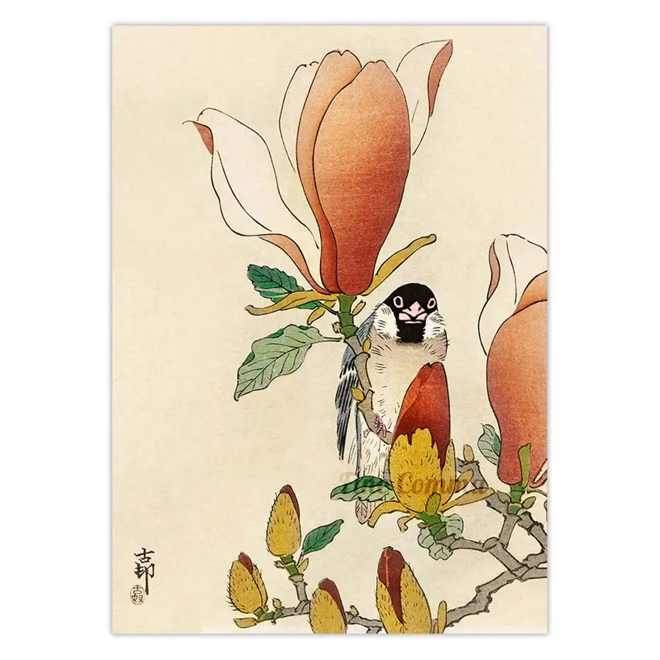 Sparrow on Blooming Magnolia Branch Ohara Koson Vintage Japanese Art Poster Asian Bird Flower Canvas Print Wall Art Home Decor