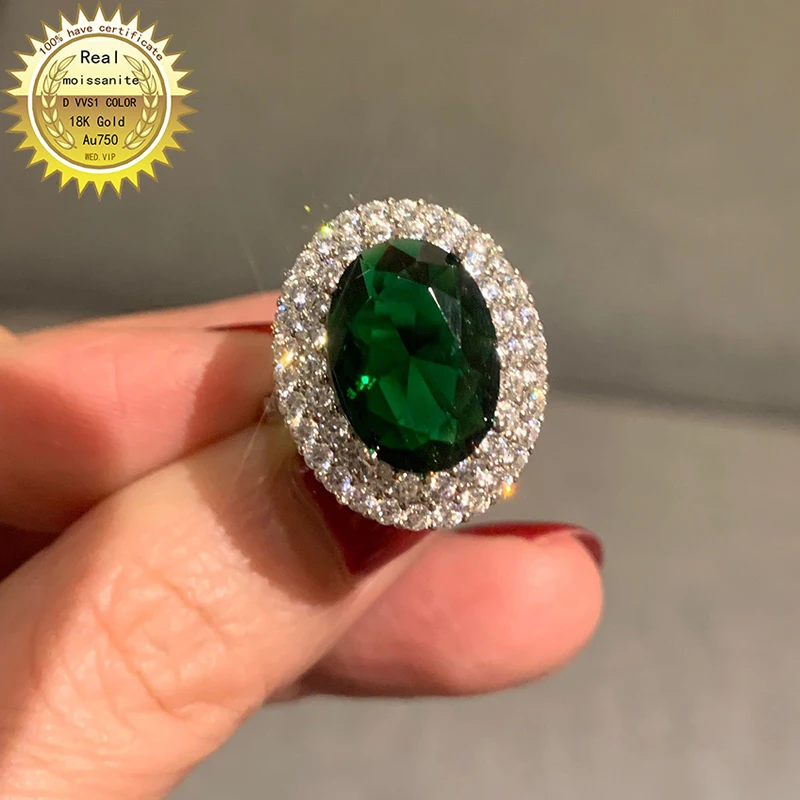 9K Gold ring Lab Created 3ct Emerald and Moissanite Diamond Ring With national certificate Em-0011