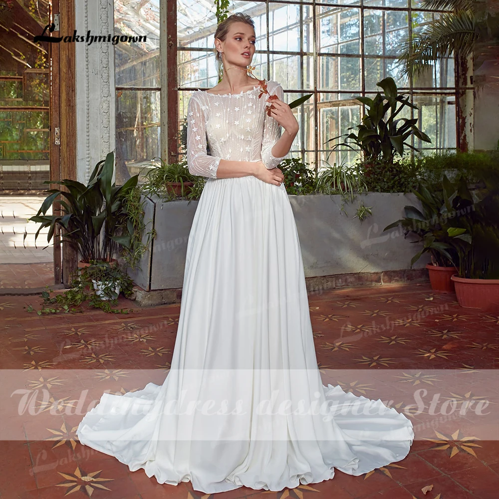 Bohomia Trouwjurken Boho Chiffon Lange Mouwen Beach Bruidsjurken Hals Eenvoudige Bridal Dress Vestido De Novia Ruglooze