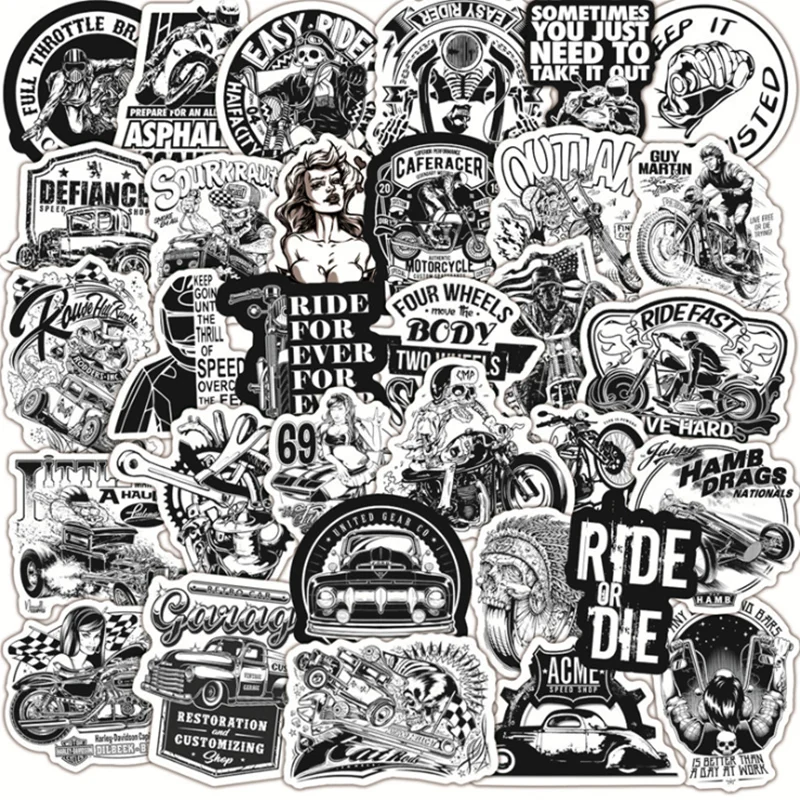 10/30/50 PCS Black and White Classic Car Motorcycle Waterproof Trolley Case Graffiti Sticker Toy Wholesale