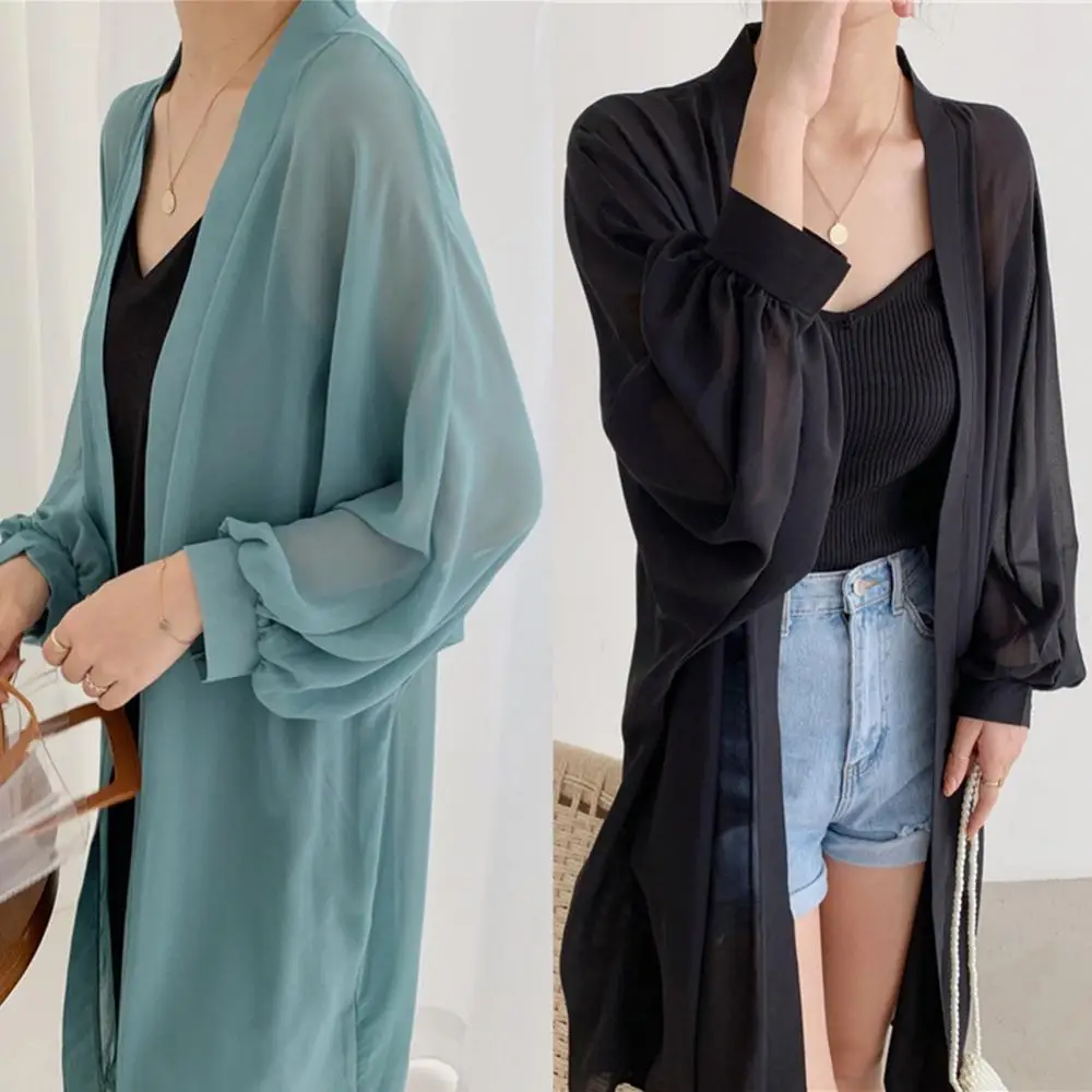 2021 Summer Long Kimono Cardigan Women Sunscreen Clothing Fashion Long Sleeve Blouse Shirt White Black Green Red Kimono Cardigan