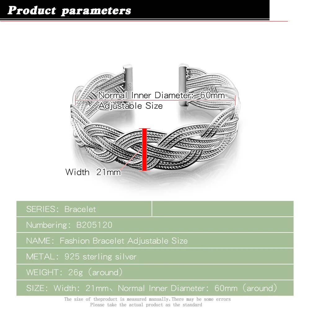 Fashion 100% 925 Sterling Silver Bracelets For Women Personality Braided Mesh Exaggerated Wide 21 MM Bracelet Jewelry Gift