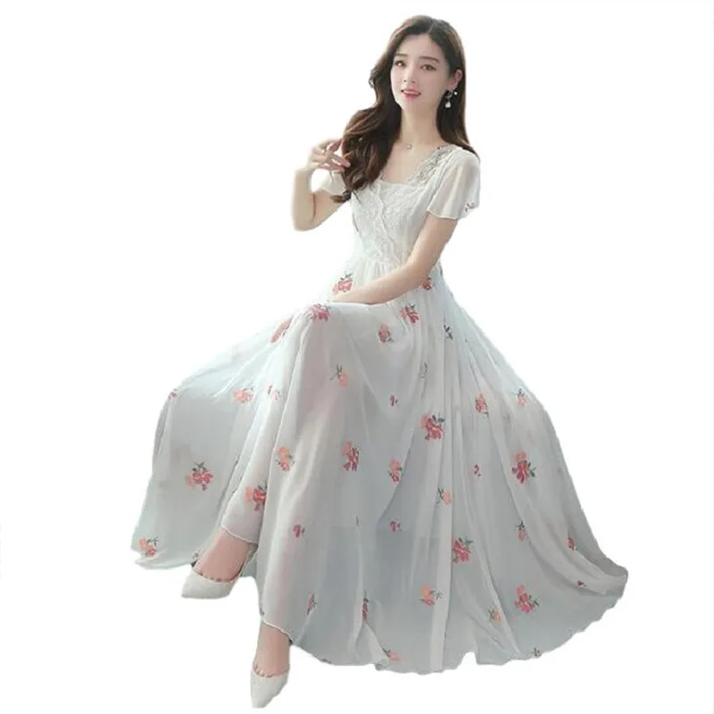 Bohemian Chiffon Dress  New Fashion O-Neck Short-Sleeved Lace Stitching Chiffon Printed Long Slim Slimming Dress