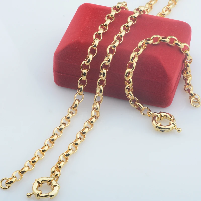 6mm Set Jewelry Classic Rose Yellow Gold Color Rolo Necklace Bracelets Womens Men Chains (NO RED BOX)