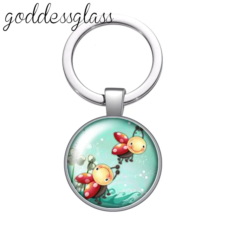 Cute Lovely Ladybug dots insect animals Round glass cabochon keychain Bag Car key chain Ring Holder Charms keychains for gift