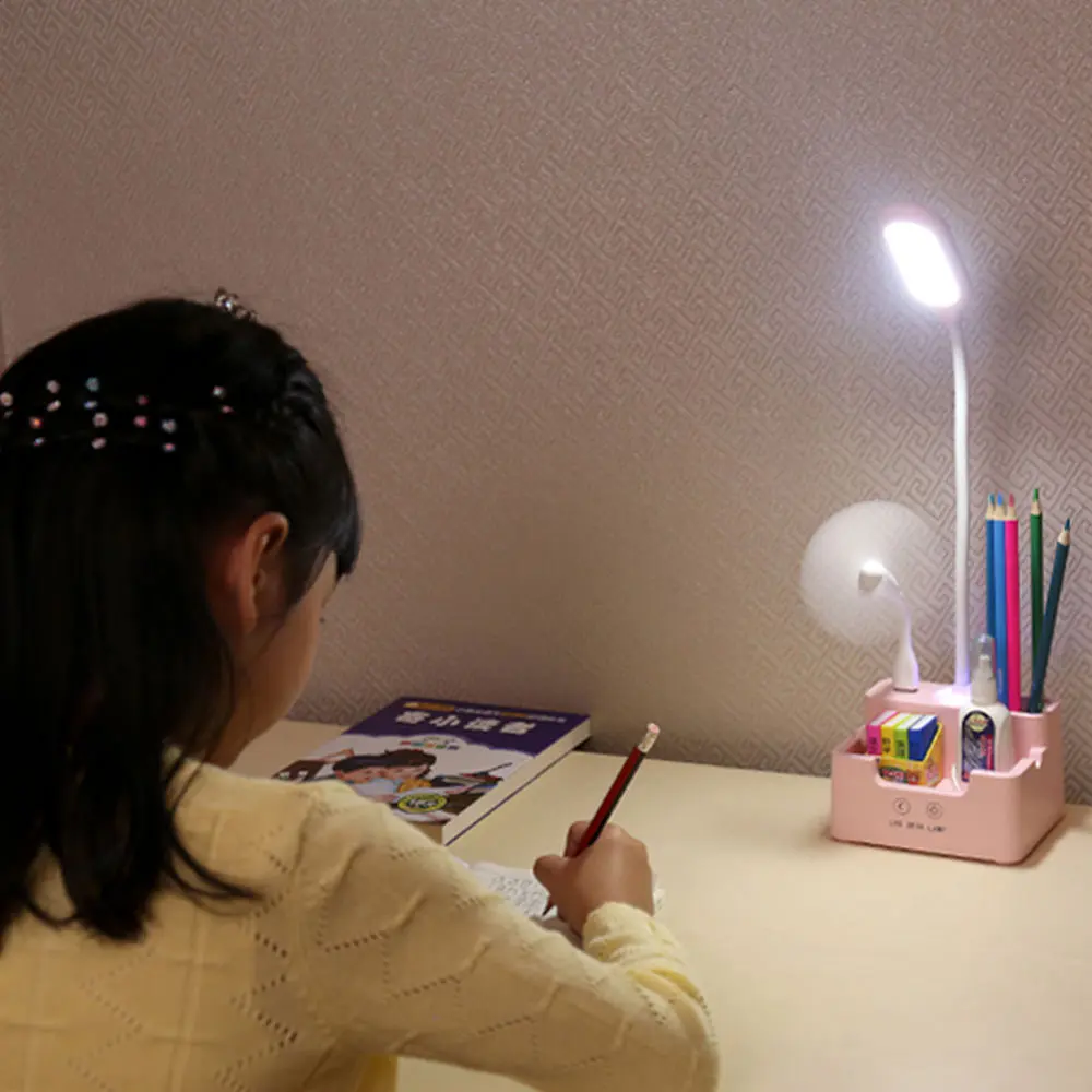 Carregamento conduziu a lâmpada de mesa com ventilador toque regulável lâmpada de mesa proteção para os olhos lâmpada leitura com suporte do telefone caneta titular