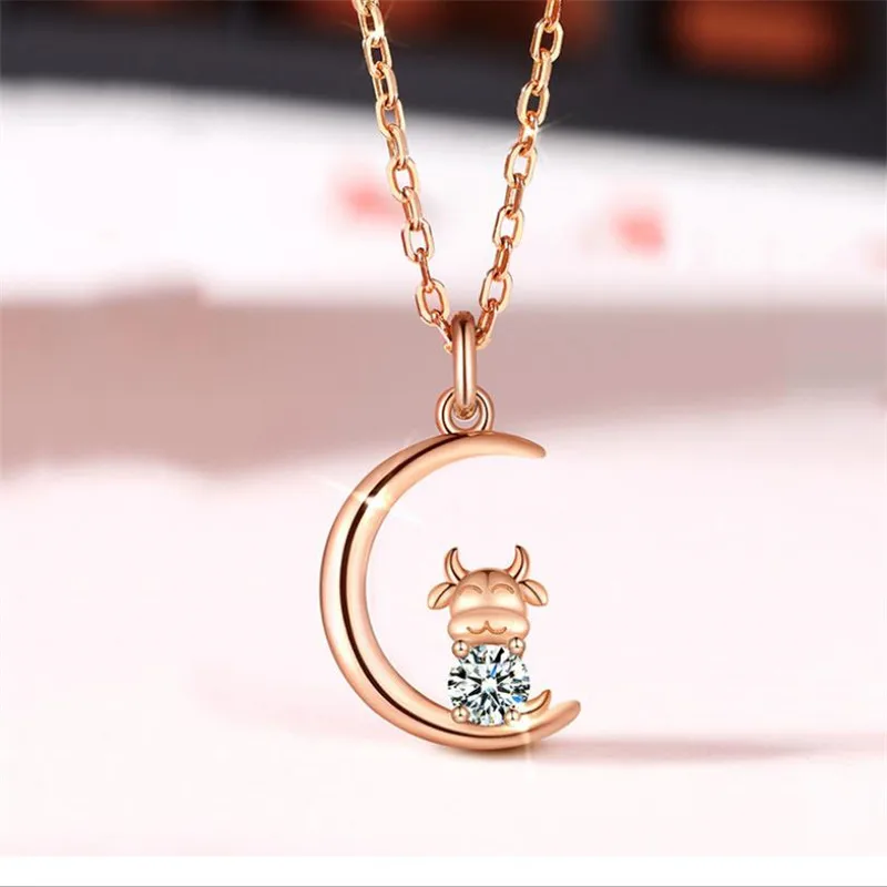 Bright Crystal Ox Pendant Necklace Female Clavicle Accessories Lady Gift Trendy Cow Silver 925 Chain Necklace Women Jewelry