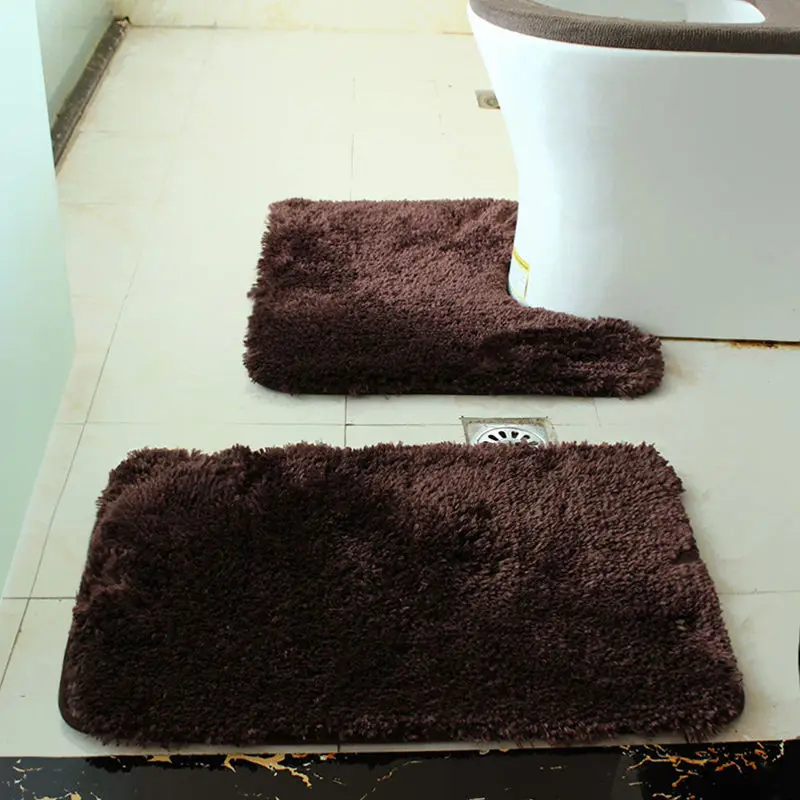 2 Pcs/Set Bathroom Floor Mats Solid Color Plush Toilet Foot Pads Absorption Shower Room Doormat U-Shaped Rugs Rectangle Carpet