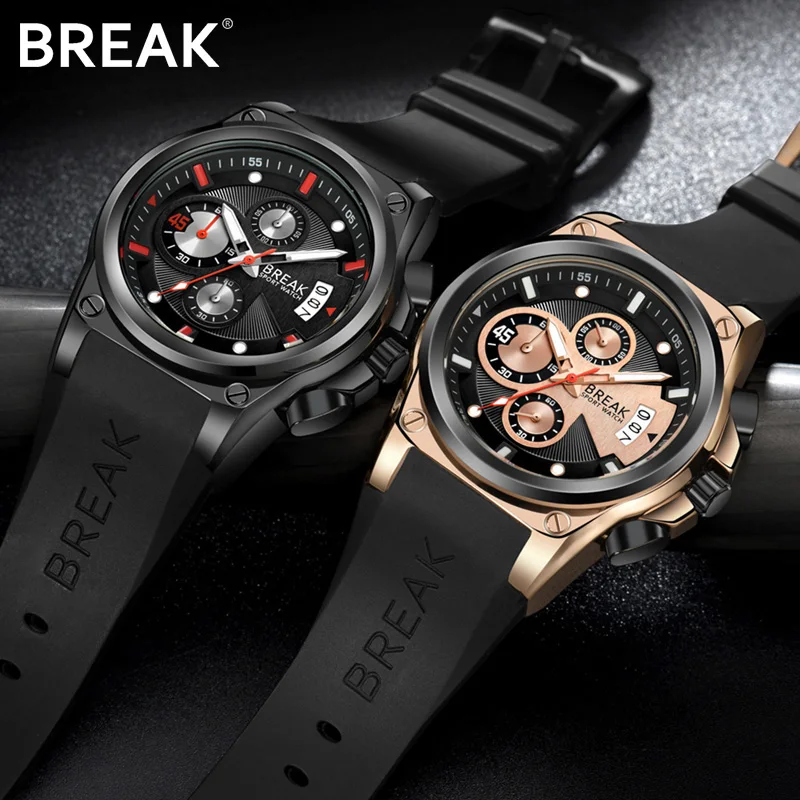 BREAK Men Luxury Popular Brand Casual Fashion Wristwatch Sport Chronograph Calendar Waterproof Rubber Band Relogio Quartz Watch