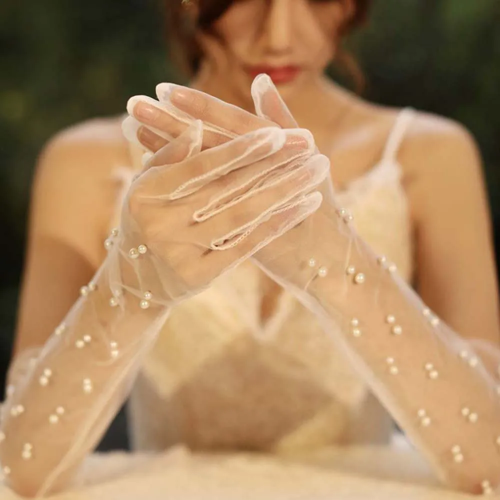 New Lace Pearl Chiffon Long Gloves Women White Fingerless Gloves Marriage Party Accessories