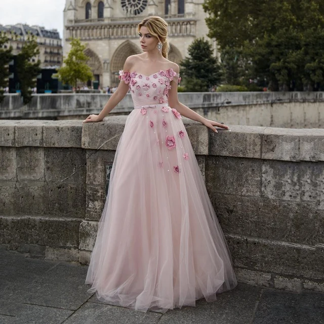 

Angelsbridep A-line Evening Dress 2021 Sweetheart Hammer Peals Tulle Beading Prom Gown Off The Shoulder Sleeves with Flowers