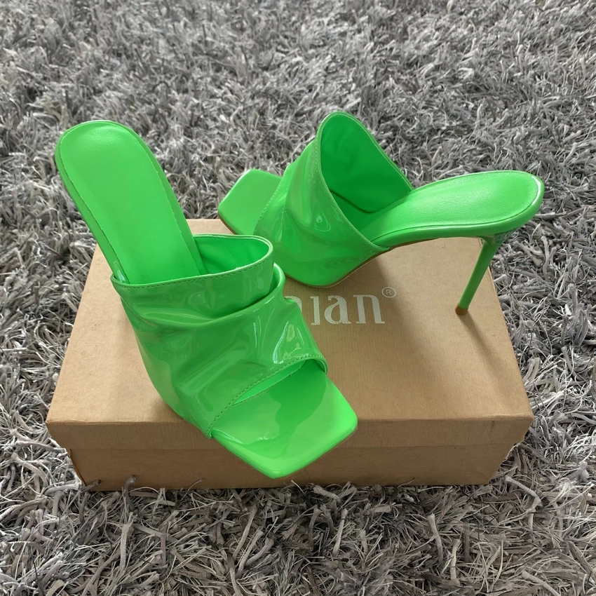 2022 Summer Women Sandals Sexy Green Slippers Sandal Shoes Woman Thin High Heels Square Toe Sandal Lady Pump Shoes Mules