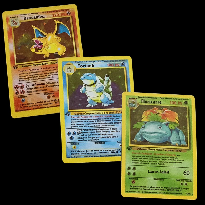 Cartoon Kawaii Anime Pokemon French Flash Card 1996 First Edition Blastoise Charizard Venusaur Pikachu Game Collector\'s Card