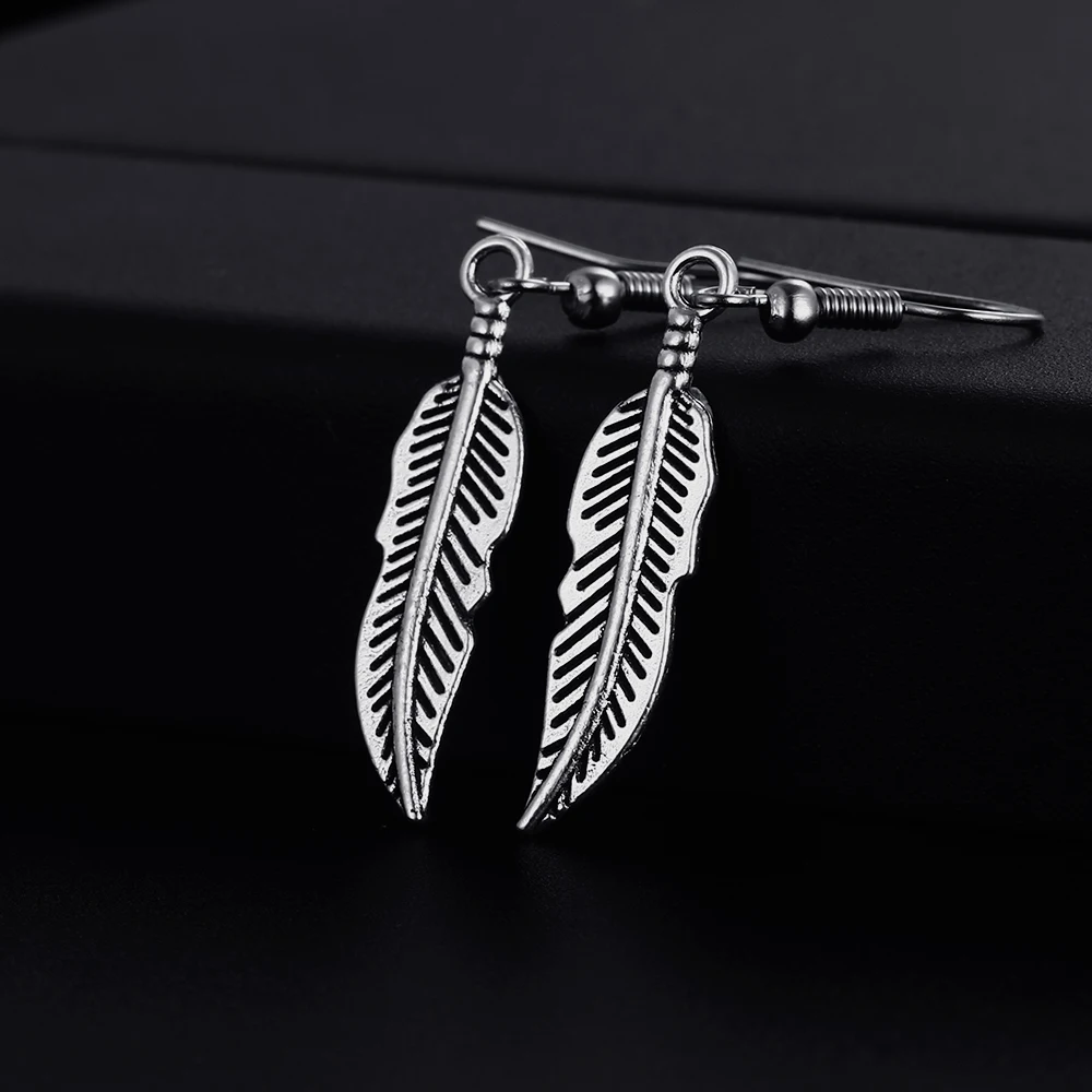 Trendy Feather Shape Dangle  Antique Silver Plated Earrings for Women Girl Retro Drop Earrings Cute Earring Jewelry Bijoux